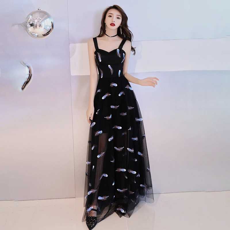 

Special Occasion Dress Illusion V-Neck Sleeveless Luxury Black Tulle Lace Spaghetti Strap Backless Vintage Women Prom Gown E1053