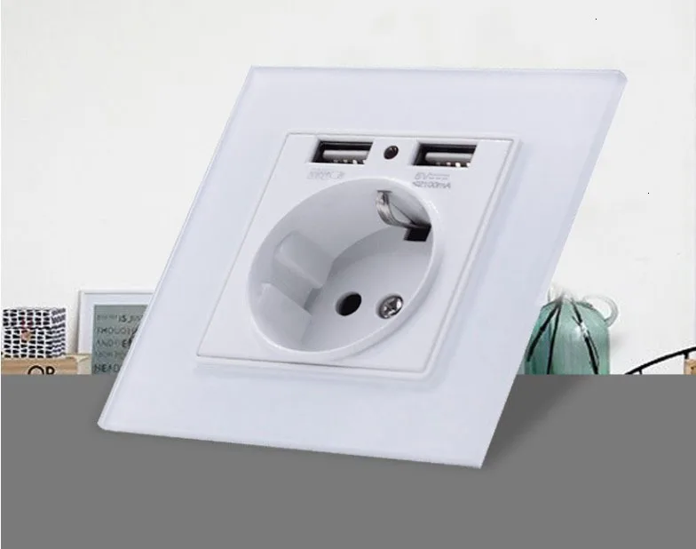 Хрустальная стеклянная панель, двойной Usb порт для зарядки, 2.1a, настенное зарядное устройство, адаптер со светодиодным индикатором, 16a, французская розетка, черный цвет