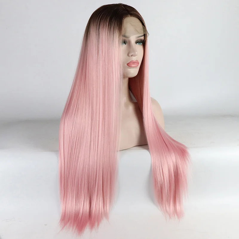 

180% Density 26 Inches Lace Front Wig Natural Pink Color Silky Straight Heat Resistant Synthetic Hair Costume Pink Wig