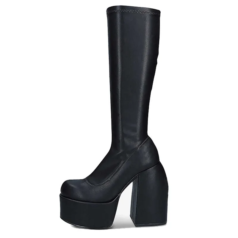 

brand shoes autumn winter snow boots elastic microfiber shoes woman ankle boots high heels black thick platform knee high boots