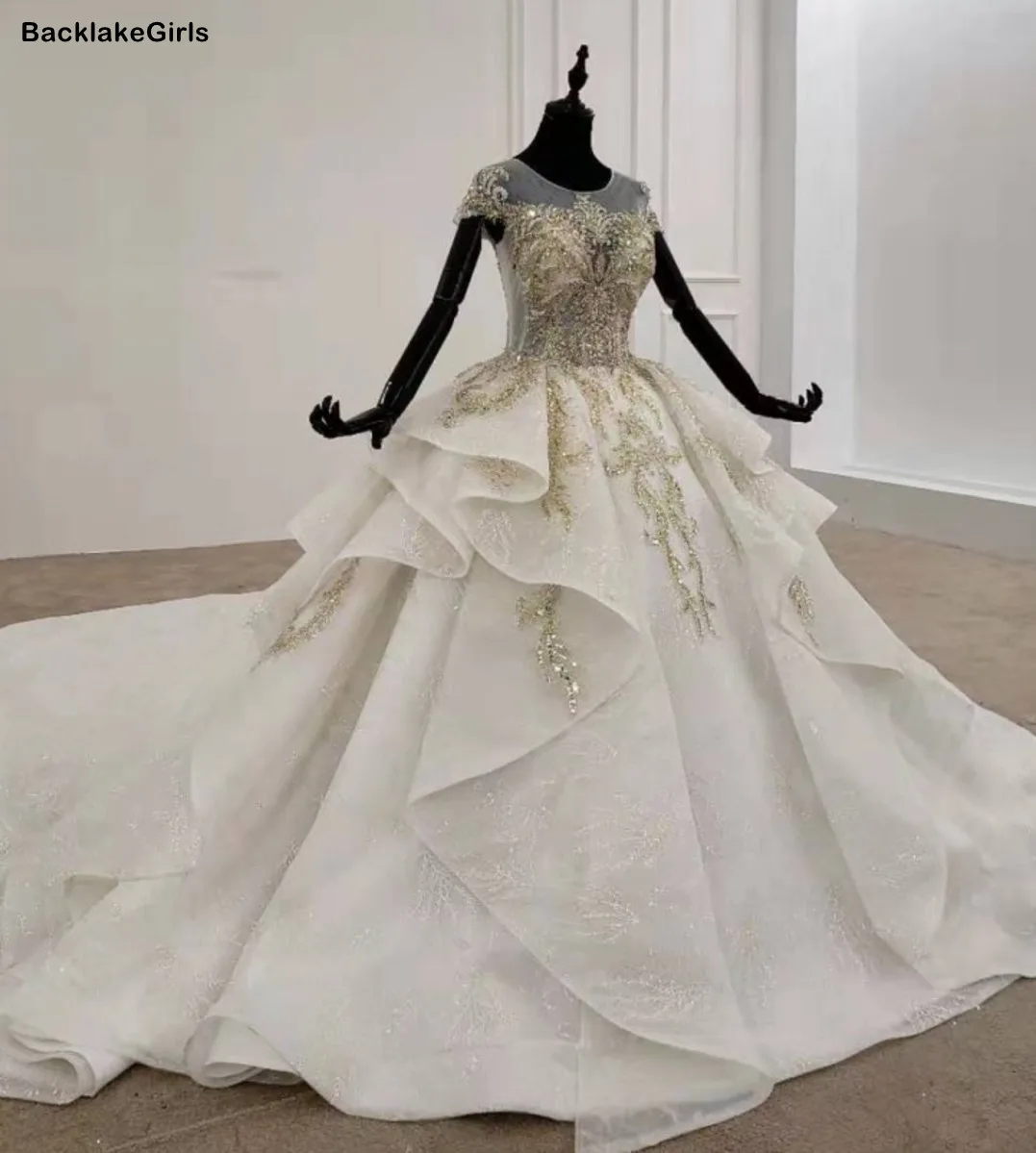 Роскошное белое Свадебное Платье со шлейфом и О-образным вырезом с коротким