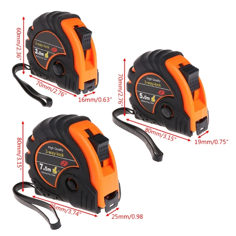 

1pc Portable 3m 5m 7.5m Retractable Tape Measure 3-Way-Lock Metric Rubber Measuring Tape Rule Random Color