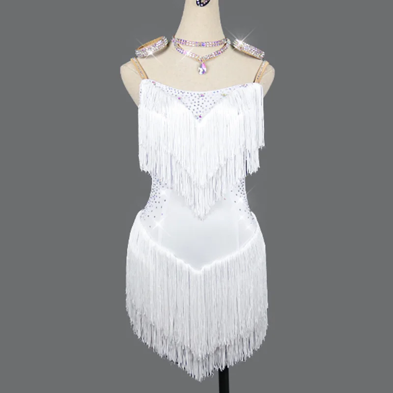 Платье для латиноамериканских танцев блестящее белое платье с бахромой
