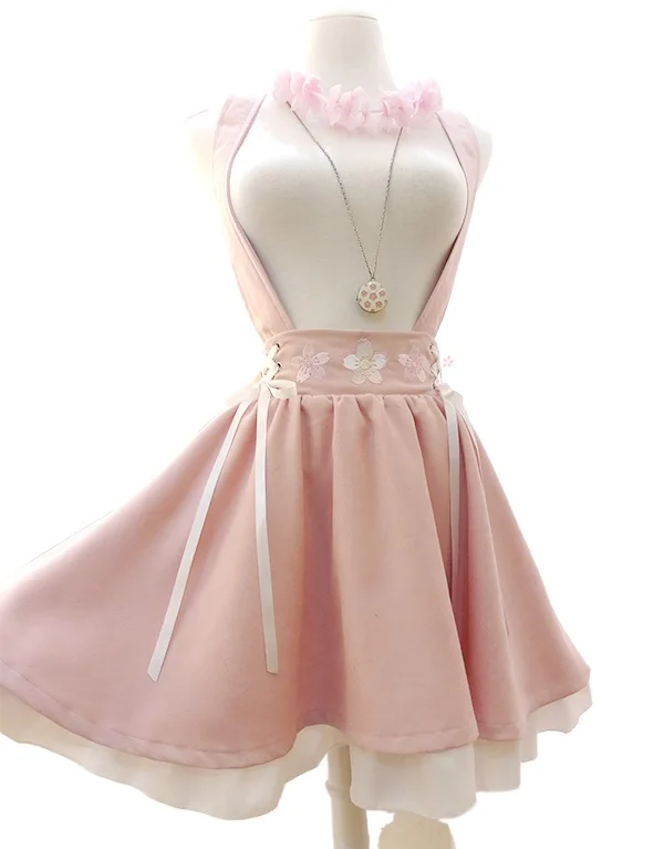 

COYOUNG Store Japanese Style Sweet Lolita Girls Short Skirt Sakura Embroidery Young Girl Bestie Ribbon Suspender Skirt
