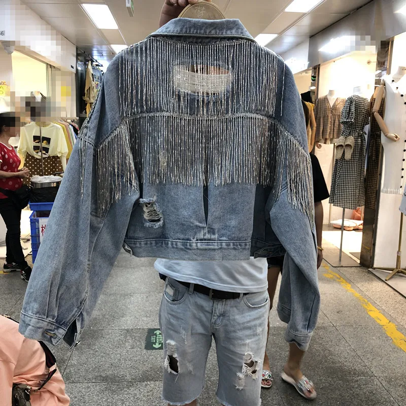 Новая женская осенняя джинсовая куртка для женщин Стразы бриллианты с длинными