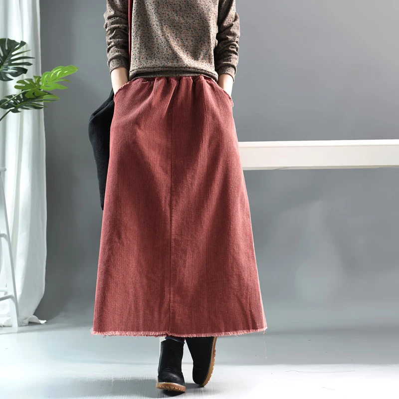 Autumn Winter Skirt Retro Women Loose Casual 2019 New Elastic Waist pocket Solid color Mori girl Vintage Female | Женская одежда