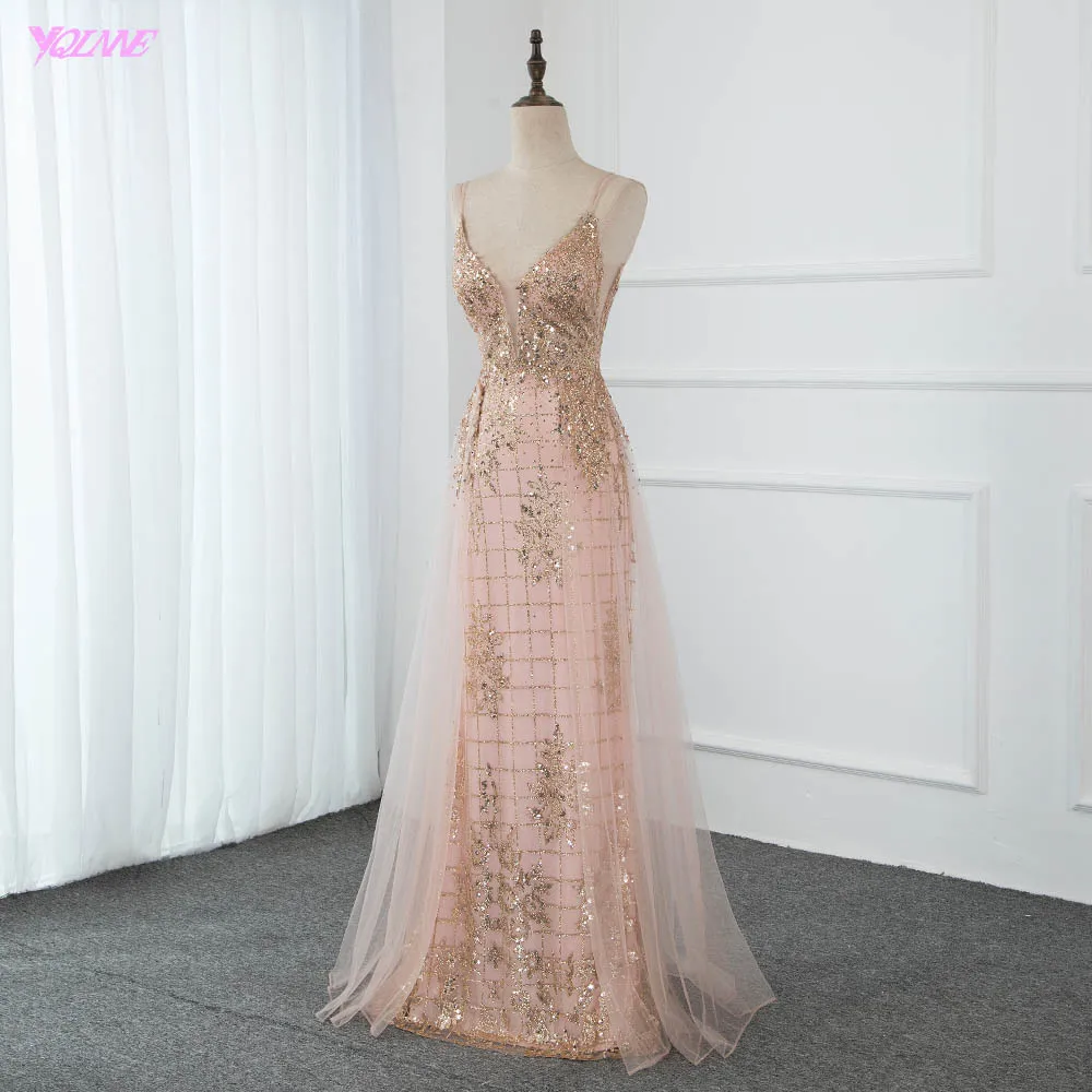 

YQLNNE Sexy Straps Long Prom Dresses Sparkly Rose Gold Crystals Tulle Sweet Party Dress Backless Formal Dance Dress