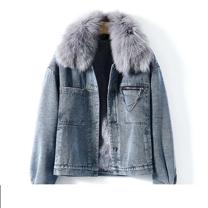 Zero Fish Real Fur Raccoon fur Collar Detachable Velvet Thick Denim Jacket Winter Coat 2021 New Fashion Brand Women's Clothing