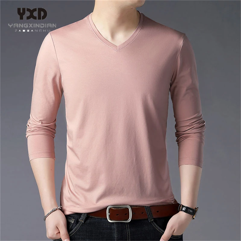 2020 Spring Autumn Mercerized Cotton Men T-Shirts Long Sleeve V-Neck Casual Solid Fashion T-Shirts Running Homme Top Clothing