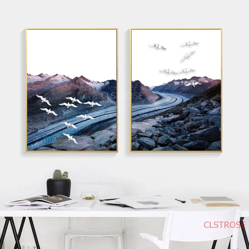 

Nordic Minimalist Mountain and River Bird Landscape Painting Modern Home Decoration Wall Art Canvas Pictures for