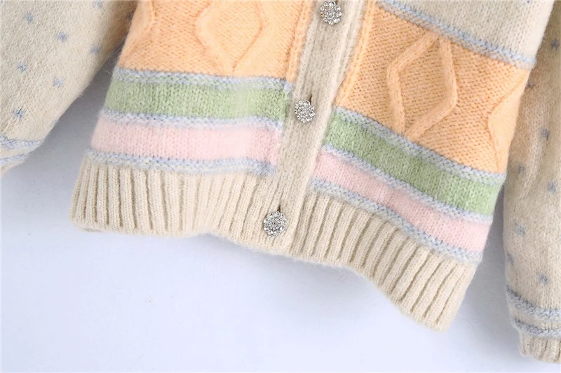 

New Causal Women Striped Patchwork Sweaters Nice New Ladies Knitted Coats Streetwear Female Chic Diamond Button Pullovers