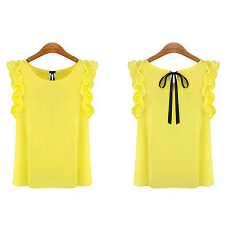 

Summer Sexy Chiffon Shirt Women's Elegant Bow Tie Blouse Casual O-Neck Butterfly Sleeveless White Women Blouse Roupas