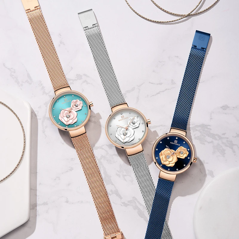 Creative 3D Flower Women Watch NAVIFORCE Luxury Brand Fashion Casual Ladies Watches Waterproof Full Steel Mesh Quartz WristWatch | Наручные