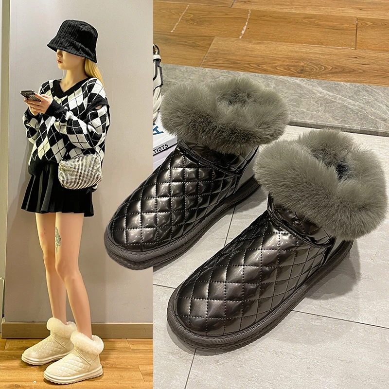 

Snow cotton women's thick and velvet autumn and winter 2021 new style cotton shoes with fur short tube fashion non-slip boots