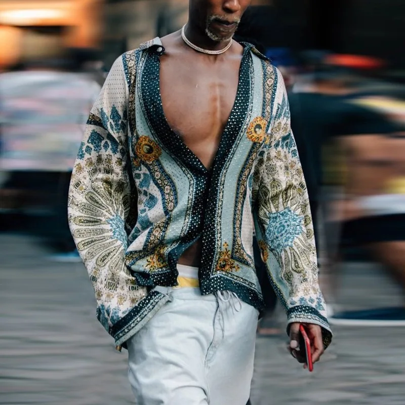 Camicia da uomo con stampa manica lunga colletto rovesciato Streetwear stile etnico top bottone 2021 Casual Tideway Camisa Masculina INCERUN