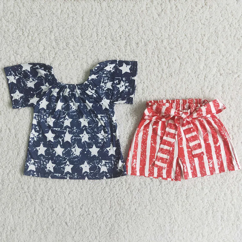 

2021 4th of July Cute Girl Stars Short Sleeve Shirt Striped Short Pants Summer Fashion Baby Outfit Wholesale Boutique Clothes