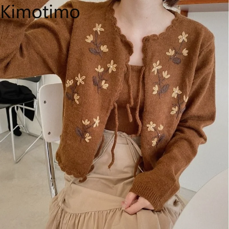 

Женский кардиган с вышивкой Kimotimo, модный вязаный жилет в корейском Instagram, осенний свитер с длинным рукавом и круглым вырезом и поясом, кардиг...