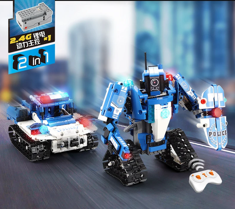 Technic 2,4 Ghz rc трансформация гусеничный полицейский робот строительный блок со звуковым кирпичом полицейский автомобиль радиоуправляемые игрушки