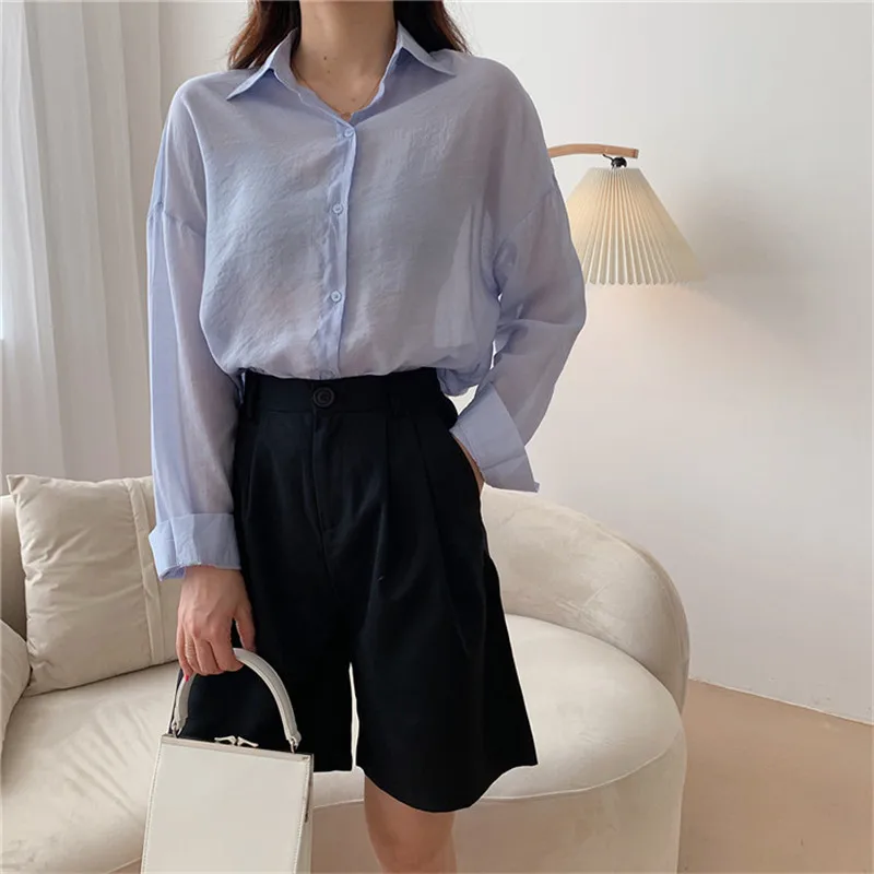 

2021 New Summer Female Shirt Office Lady Blouse Solid Turn-down Collar Casual Women Shirt Loose Full Sleeve Elegant Leisure Tops