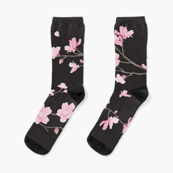 

Cherry Blossom Black Crew Socks Sports Cute Girls Black Mens Autumn Cotton Breathable Pattern Comfortable Unisex Cartoon Women