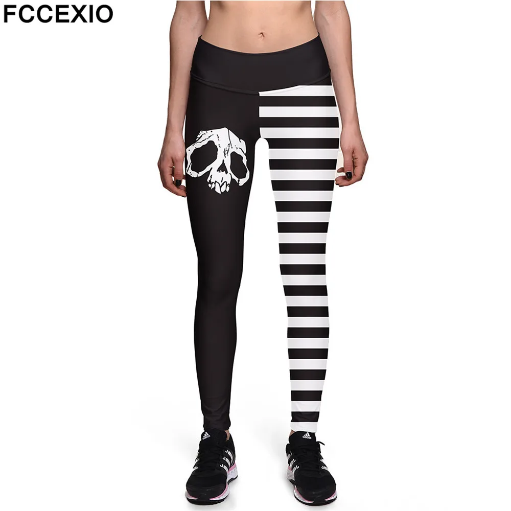

FCCEXIO The Skeleton Stripe Print Women Sexy High Waist Elasticity Leggings Push Up Strength Pants Summer Fitness Run Trousers