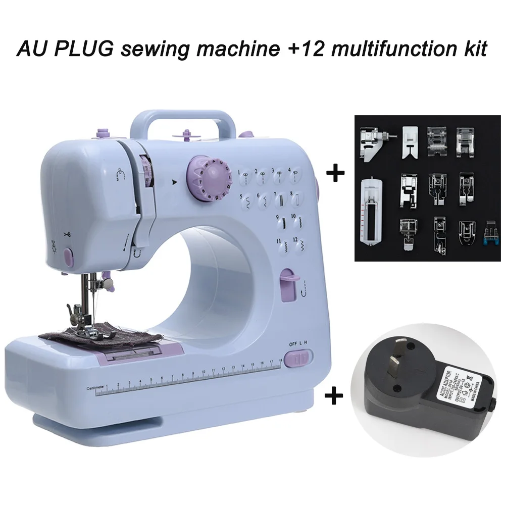 AU with 12 kit Fanghua мини 12 стежков Швейные машины бытовые многофункциональные Двойная резьба и скорость свободная рука крафтинг машина для починки светодиодный - Цвет: AU with 12 kit