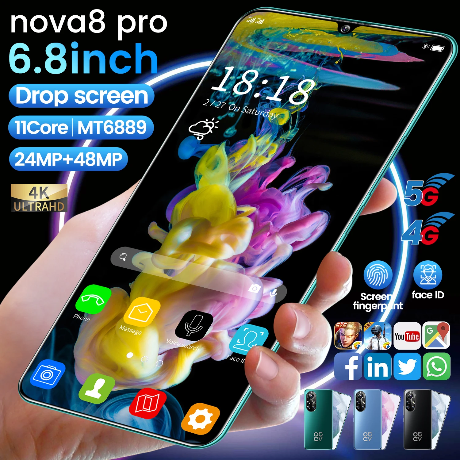

Hot Sale Novo8 Pro 6.8 Inch 16GB 512GB Smartphone 6500MAH Qualcomm 888 11 Core Android 11 Face ID Mobile Phone Cell Phones