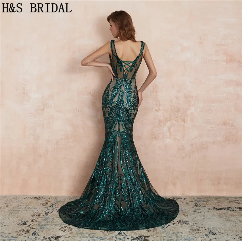Женское вечернее платье-русалка зеленое платье с v-образным вырезом и блестками