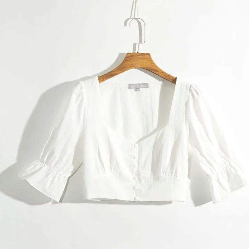 Винтажный буф рукав белая блузка женская 2020 Лето Тонкий ретро укороченный топ и