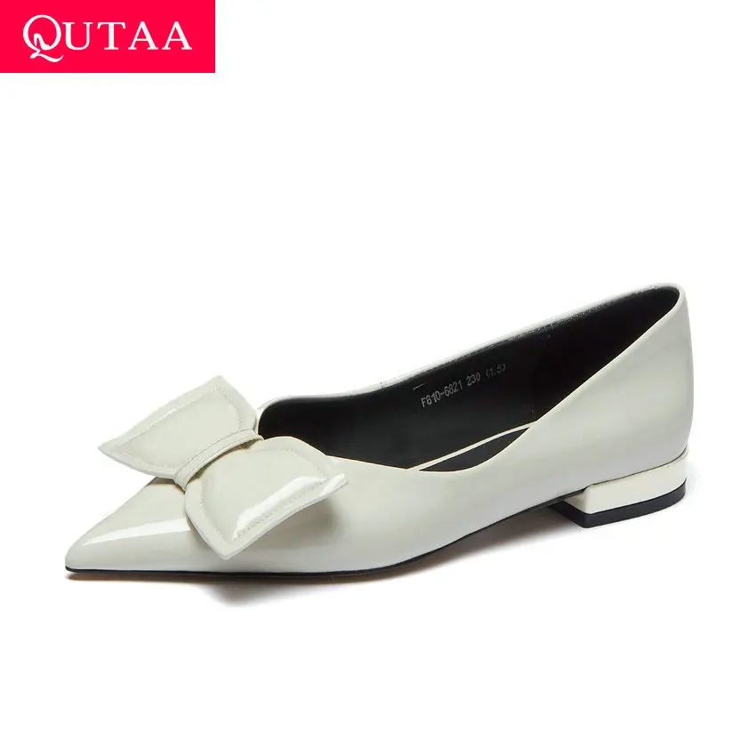 

QUTAA 2021 Flat Heels Female Bowknot Pointed Toe Basic Slip On Shoes Spring Summer Cow Patent Leather Women Flats Size 34-39