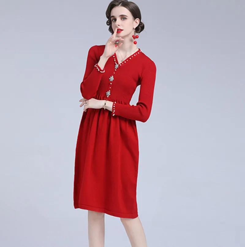 

V-neck beaded waist knitted dress 2021 autumn winter temperament women sweater dress