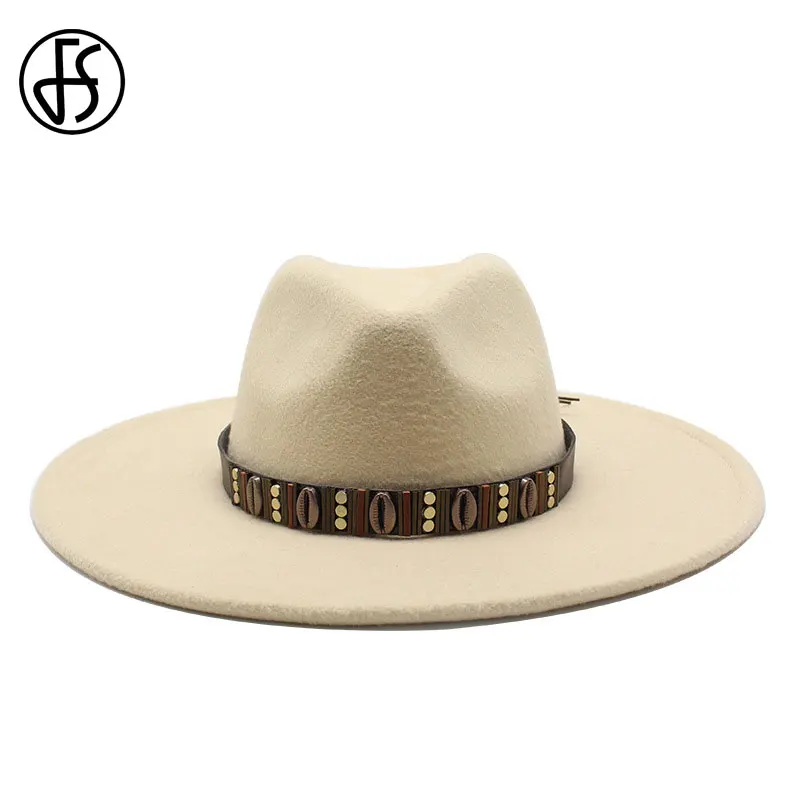 

FS Autumn Winter Big Wool Fedoras Hats Men Women Panama Jazz Hat With Belt Wide Brim Big White Trilby Bowler Felt Chapeau Sombre