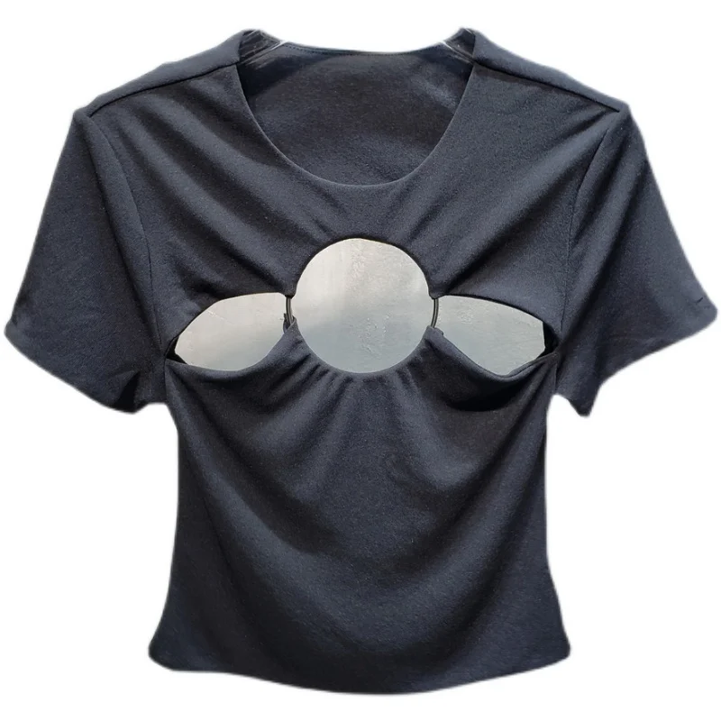 

[DEAT] O-neck Open Back Solid Color Top Tight Half Sleeve Hollow Out Sexy T-shirt Women 2021 Summer Clothes For Women GX826