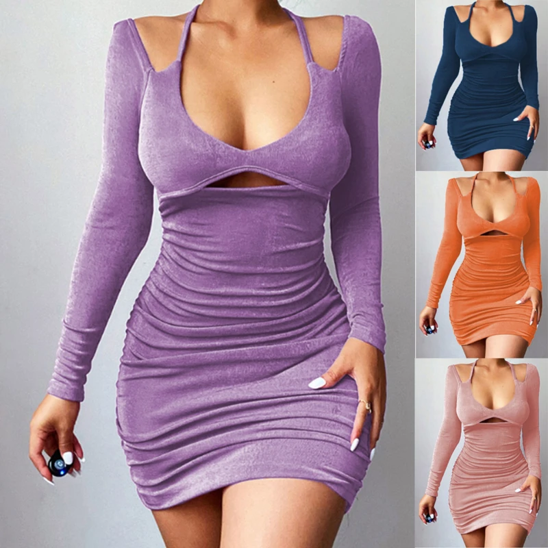 

Party Dresses for Women Evening 2021 Sexy Slim Sling Strap Long Sleeve Dress Bandage Skirt Casual Flannel Clothes