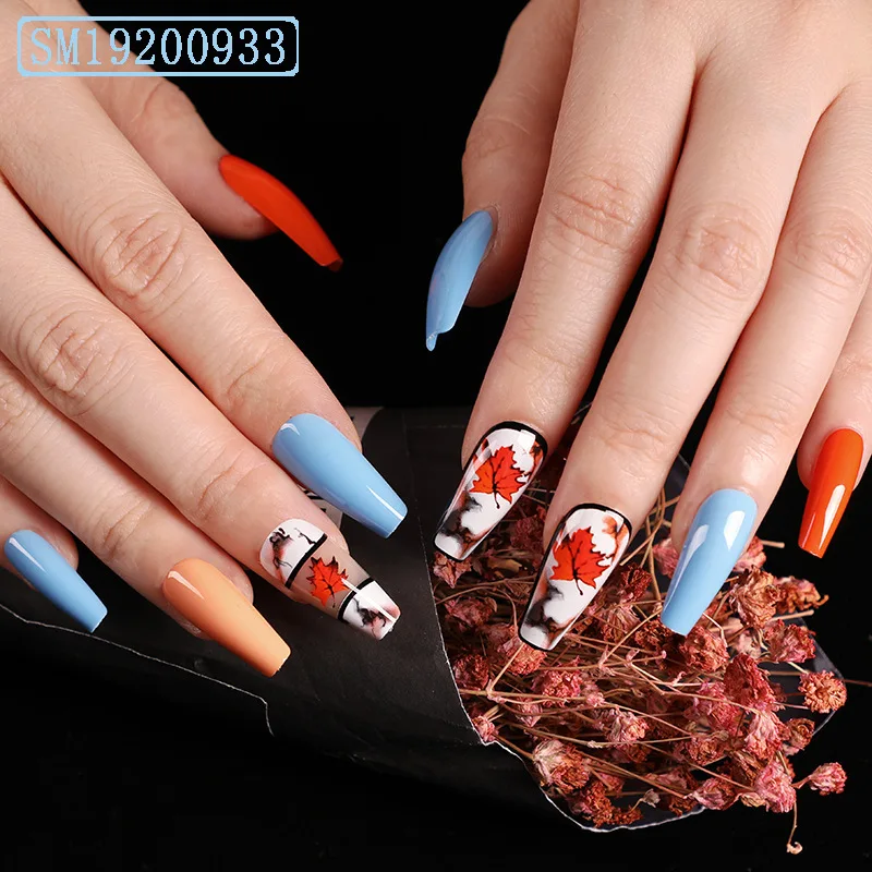 

24pcs Maples leaf Printed Nail Patch Glue Type Removable Long Paragraph Fashion Manicure Save Time False Nail Patch BUTT666