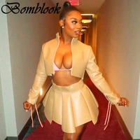 bomblook casual fashion womens suit autumn 2021 solid pu zippers long sleeve coat a line skirts 2 pieces sets femme streetwears