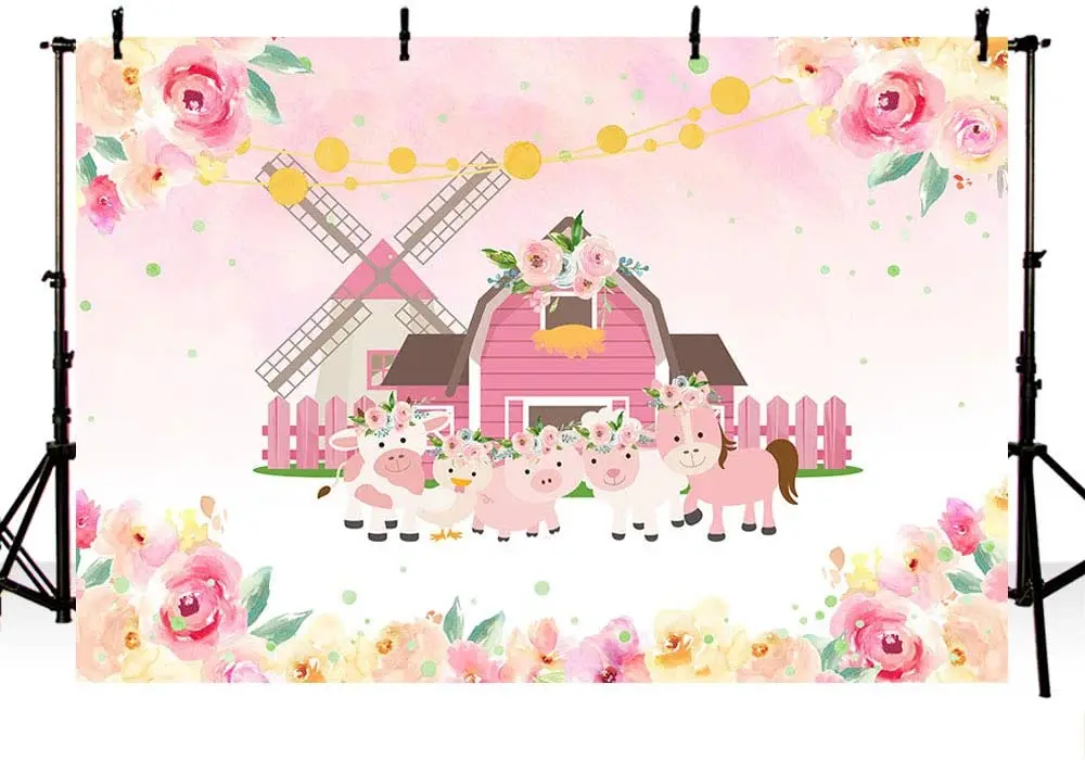 Enlarge Pink Farm Party Photo Studio Booth Background Cartoon Rustic Country Barnyard Animal Pink Floral Girl Birthday Baby Shower Party