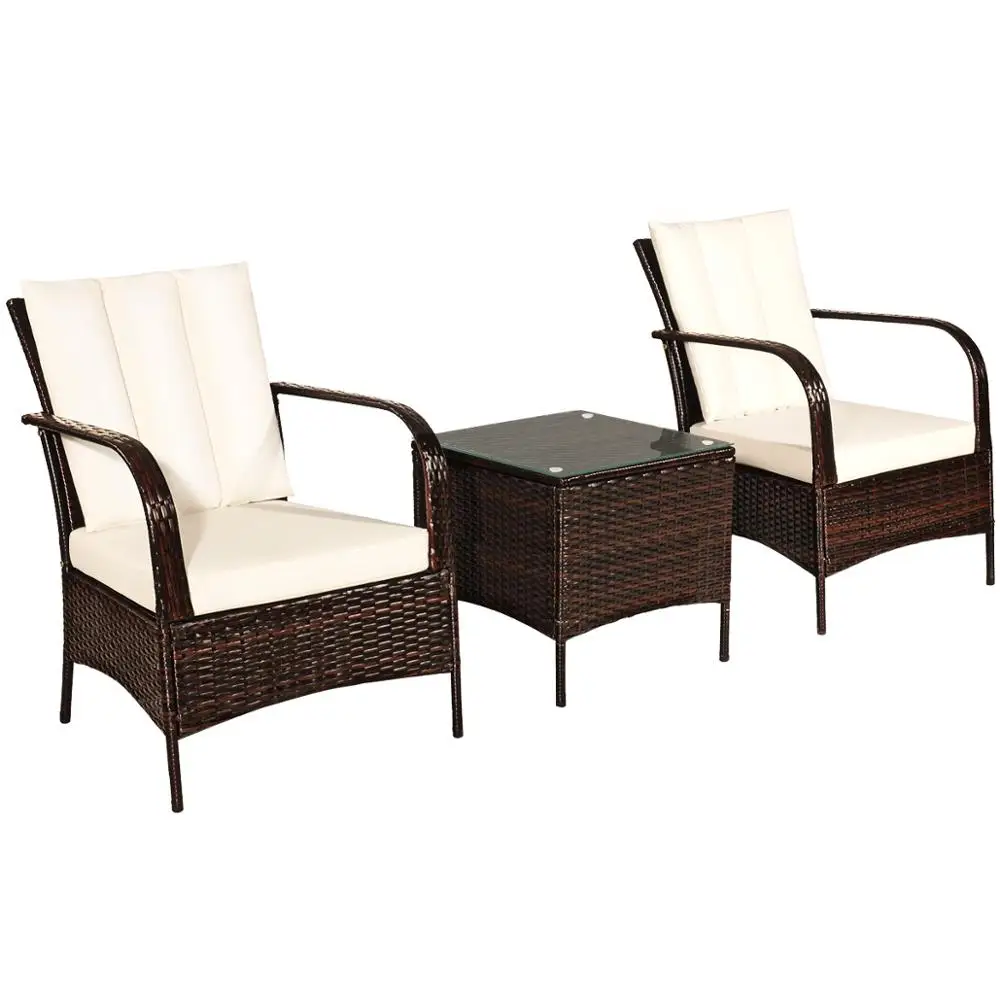 

3 PCS Patio Rattan Furniture Set Coffee Table & 2 Rattan Chair with Cushions HW65850