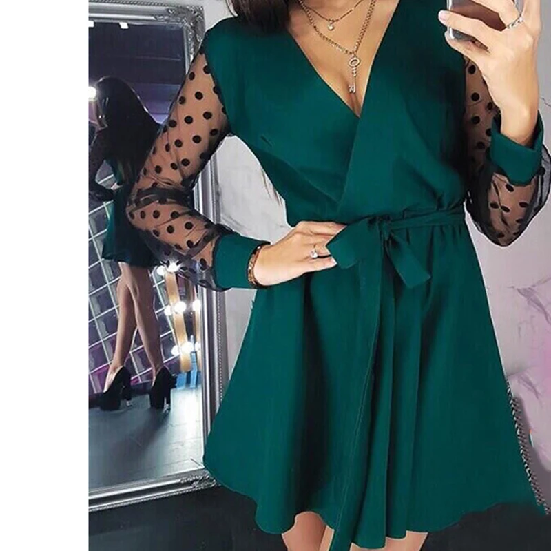 

Осеннее модное женское сексуальное кружевное лоскутное платье с V-образным вырезом, элегантное платье-трапеция с длинным рукавом и поясом, ...