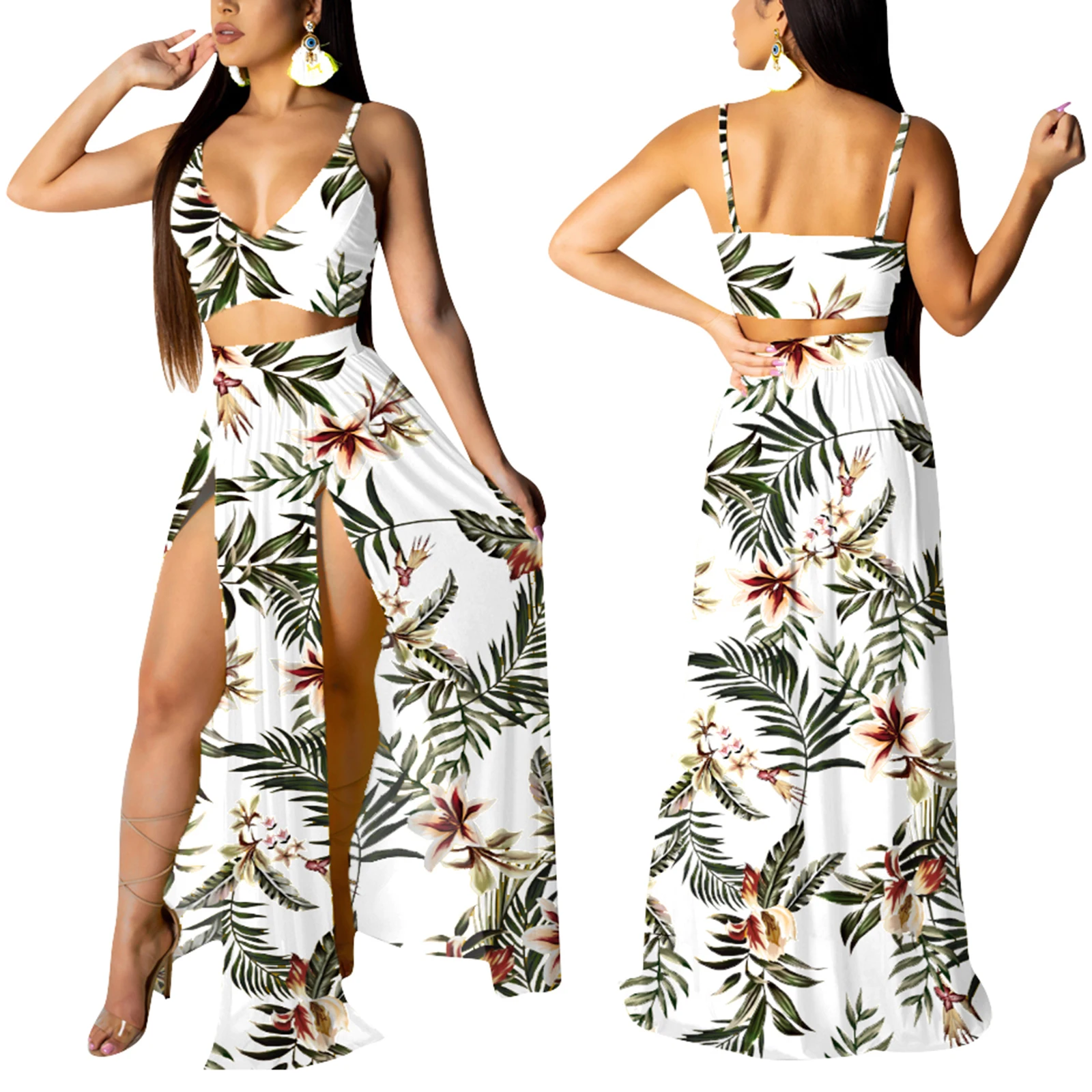 

Женское богемное платье-макси с высоким разрезом и лямкой на шее