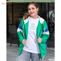 fat lady large womens autumn new green color contrast hooded fashion leisure sports top 718206310