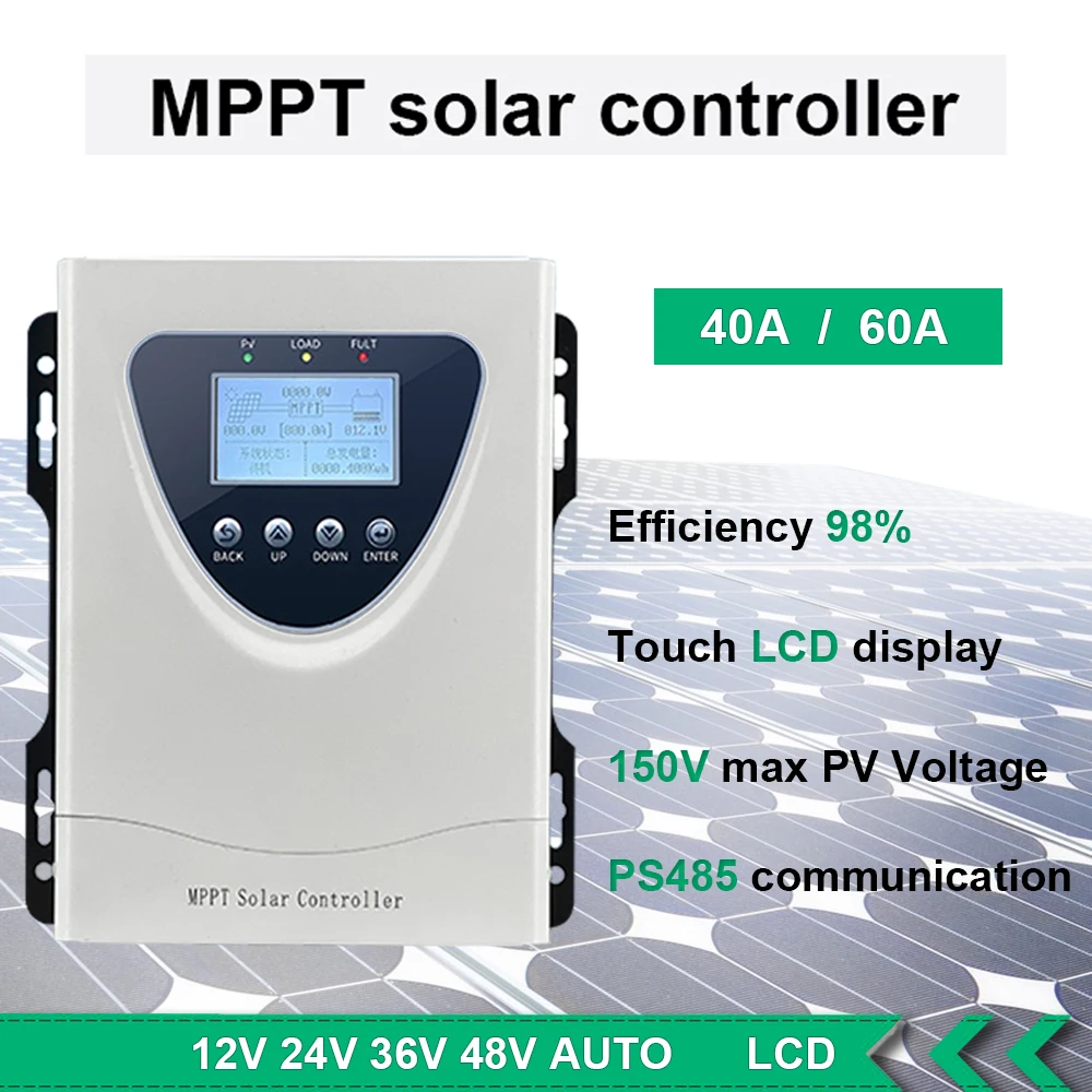 MPPT Солнечный контроллер 12 В 24 в 36 в 48 в ЖК-дисплей 40 А 60 А полностью автоматическая идентификация универсальная интеллектуальная фотогальваническая зарядка