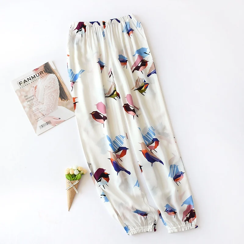 

2021 Summer Viscose Rayon Printing Women Pajama Bottoms Elastic Waist Ankle-Length Pants Sleep Wear Women Lounge Wear Closing