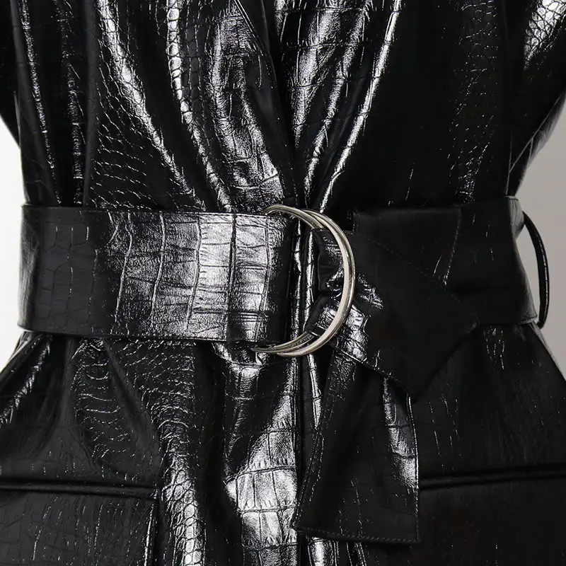 

XITAO Belt Faux Leather Women Winter Tide Fashion New Style Turn Down Collar Long Sleeve Pocket Single Breasted Elegant ZY3221