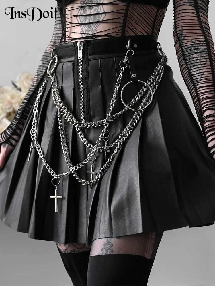 

InsDoit Punk Black PU Leather Metal Chain Skirt Goth High Waist Zipper A Line Skirts Grunge Clothes Partywear Sexy Pleated Skirt