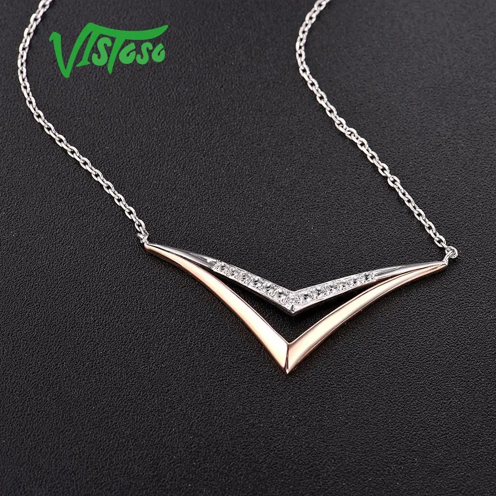 VISTOSO, 10 к, розовое золото и серебро, 925 цепочка, ожерелье для леди, Блестящий Белый сапфир, помолвка, юбилей, элегантное, уникальное, хорошее ювелирное изделие