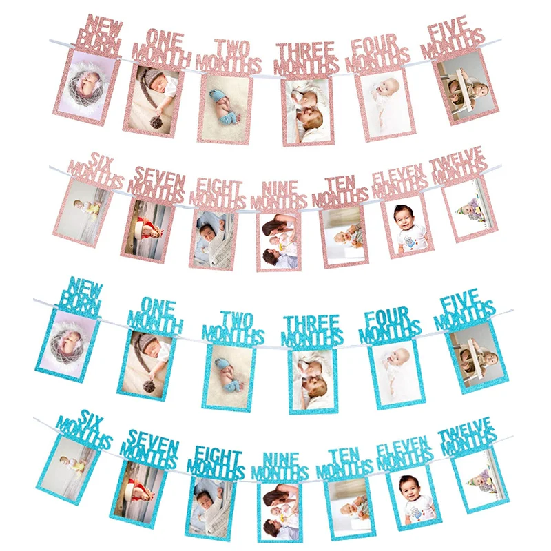 

1st Birthday Baby Photo Banner for Newborn to 12 Months Monthly Milestone Photograph Bunting Garlands First Birthday Decorations