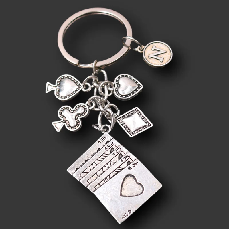 

Straight Flush Keychain Playing Card Flower Color Lucky Amulet Key Ring Personalization 26 Letters Customized Name Jewelry Gift