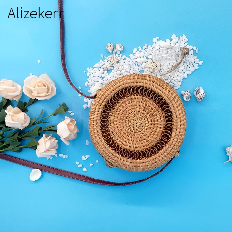 Круглая пляжная сумка ручной работы с вырезами Женская плетеная круглая на плечо