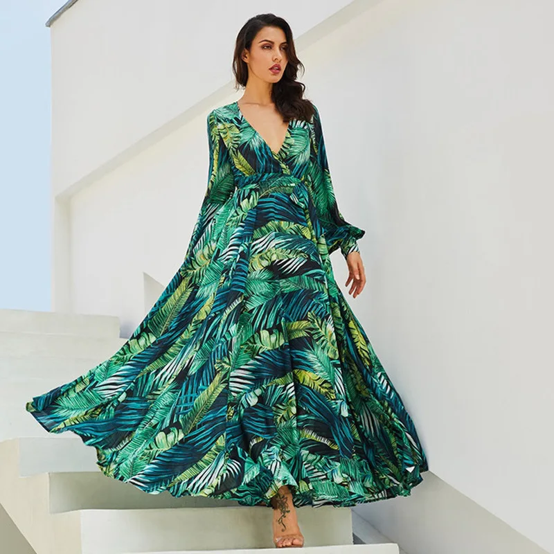 

Spring and summer new printed dress V-neck lantern sleeve 3-color dress Amazon hot elegant women's fashion long dress